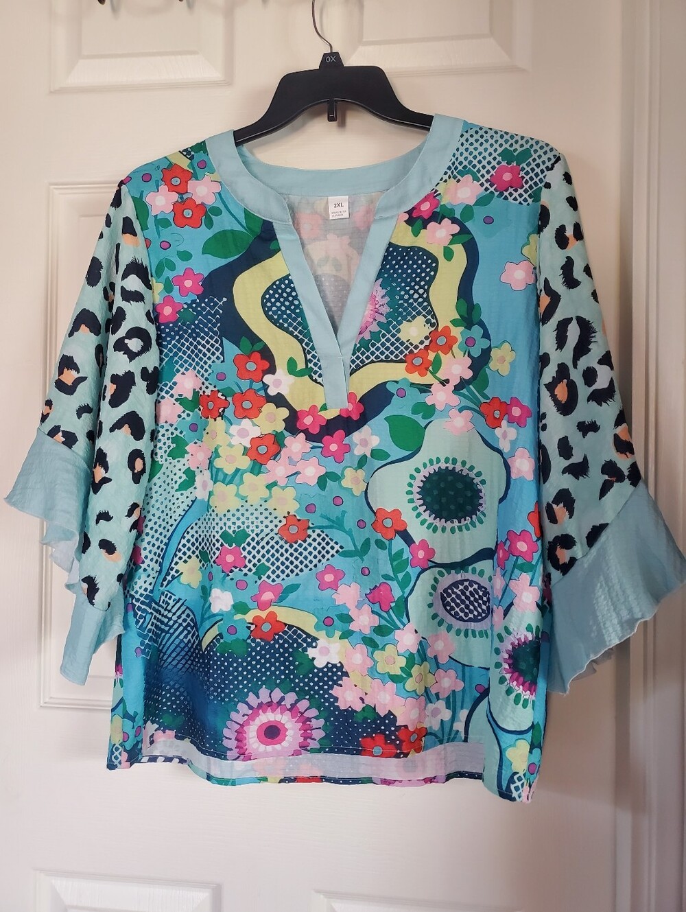 Bohemian Aqua Floral Print Tunic Top Beachy Summer Vacation Loose Flutter 2XL